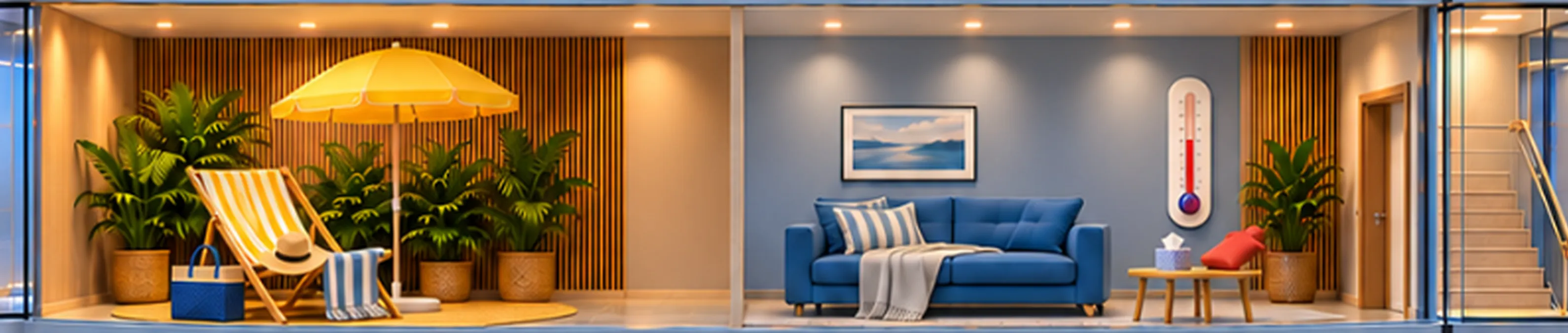 Etage aus unserem Gebäude: links Liegestuhl und Sonnenschirm für den Urlaub, rechts Sofa, Taschentücher und Fieberthermometer für die Krankheit